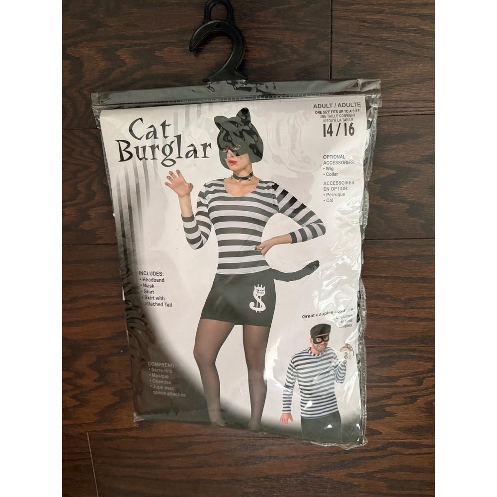 Cat Burglar Costume Adult One Size Fits Up to 14/16 Striped Shirt Skirt Mask Set